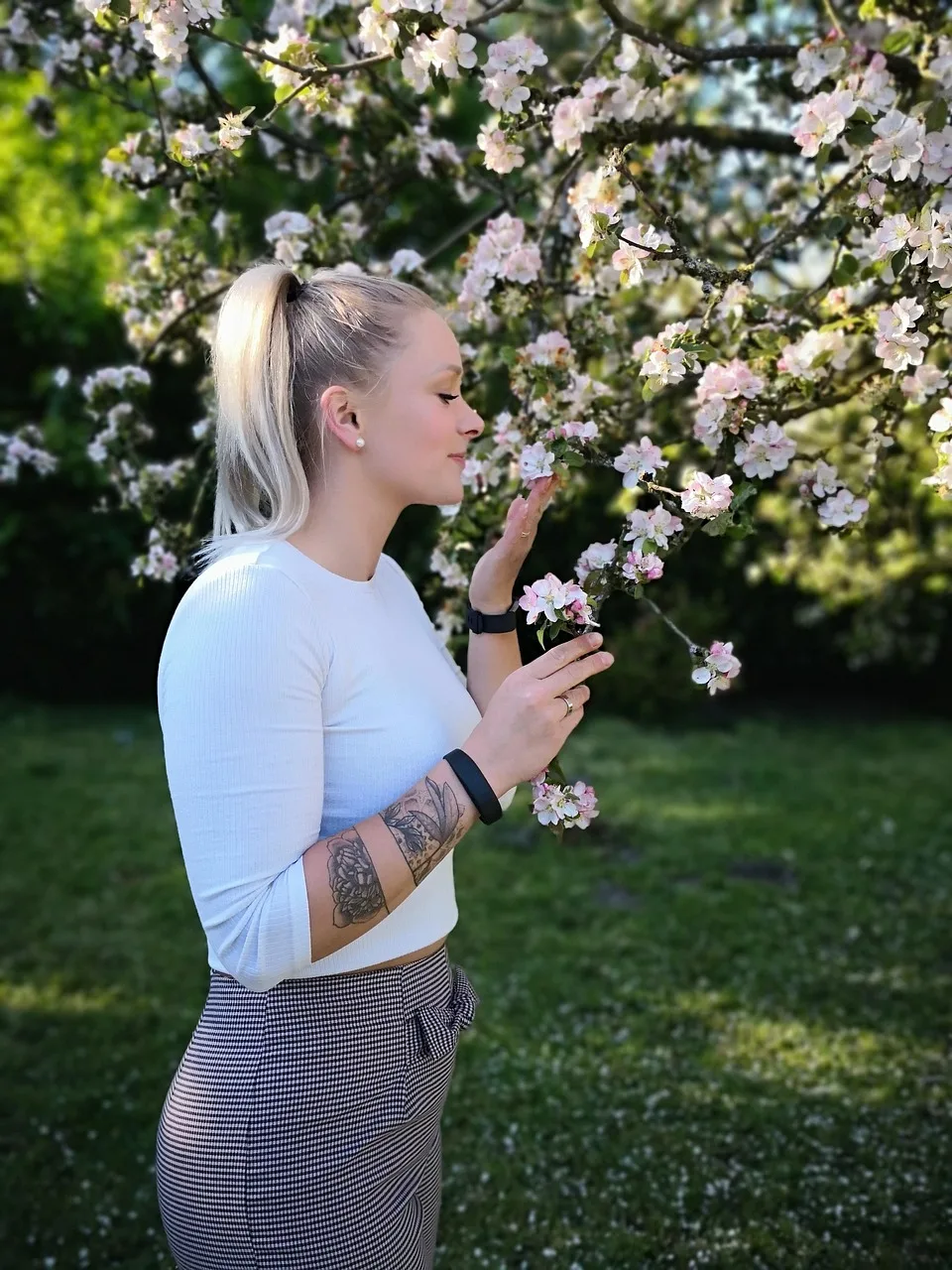 forår, æbletræ, natur, pretty woman, blomstrende æbletræ